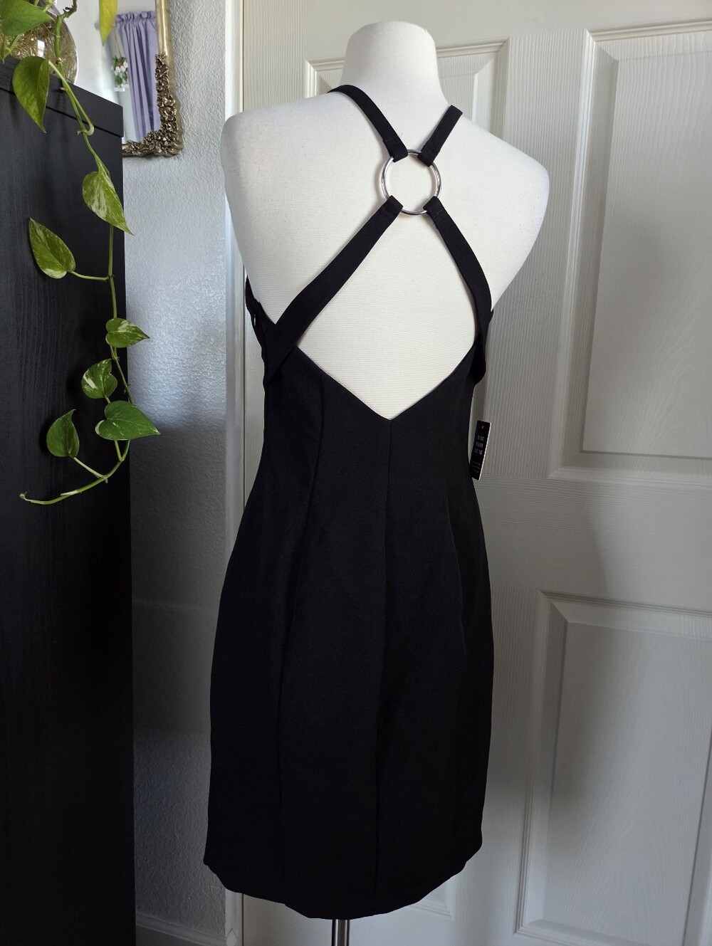 Express black mini dress high neck caged back with silver ring accent size small